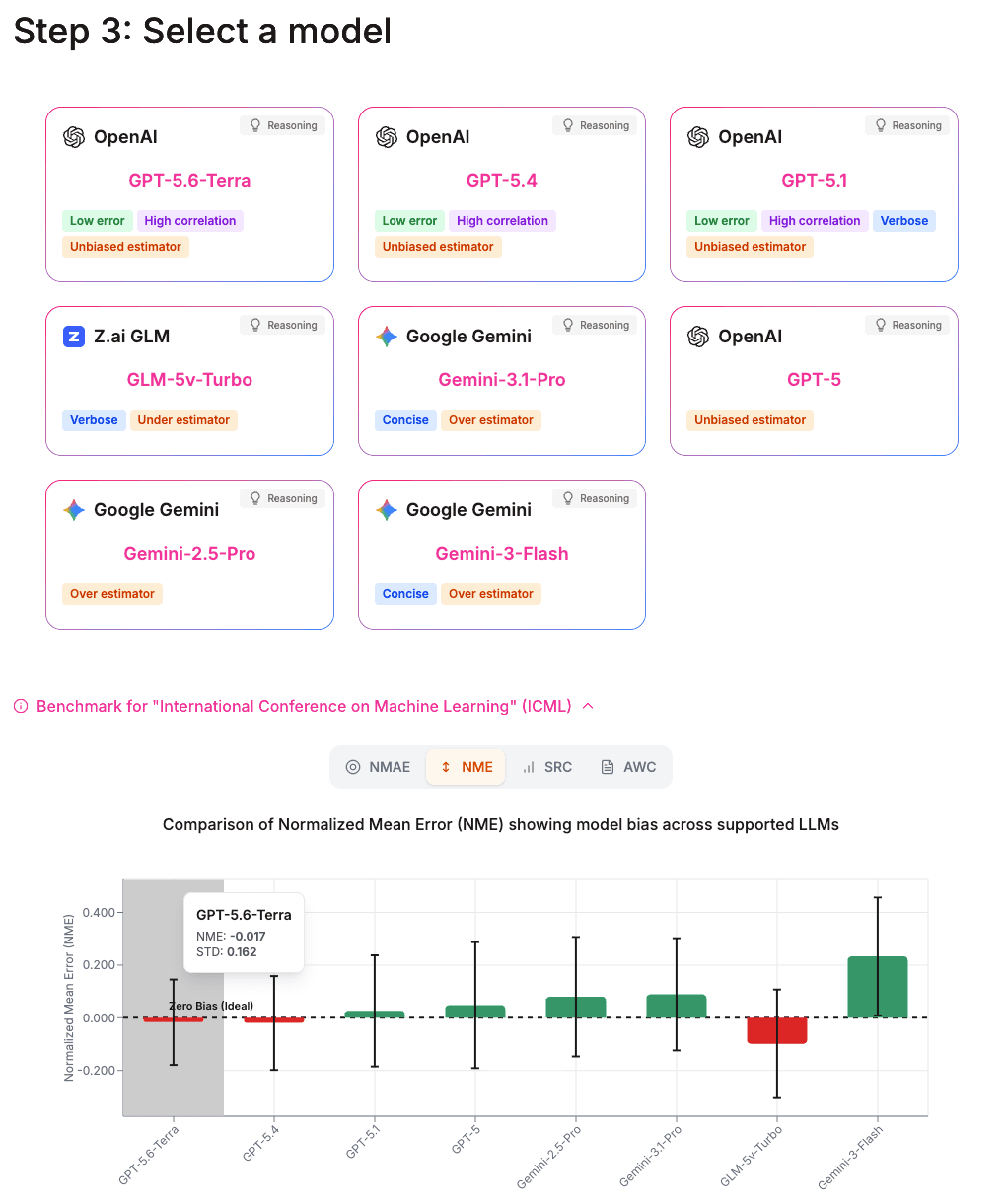 Step 3 of CSPaper Review showing model recommendations and venue-specific benchmark results