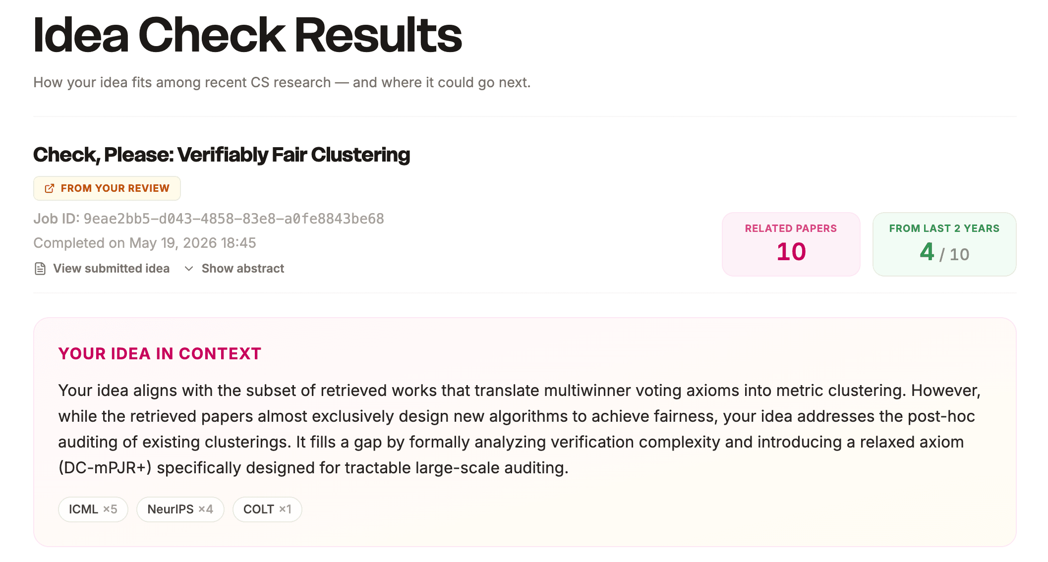 Top of an Idea Check result: a 'from your review' badge, the 'Your idea in context' paragraph positioning the idea against related work, the venue-mix chips, and the related-paper counts
