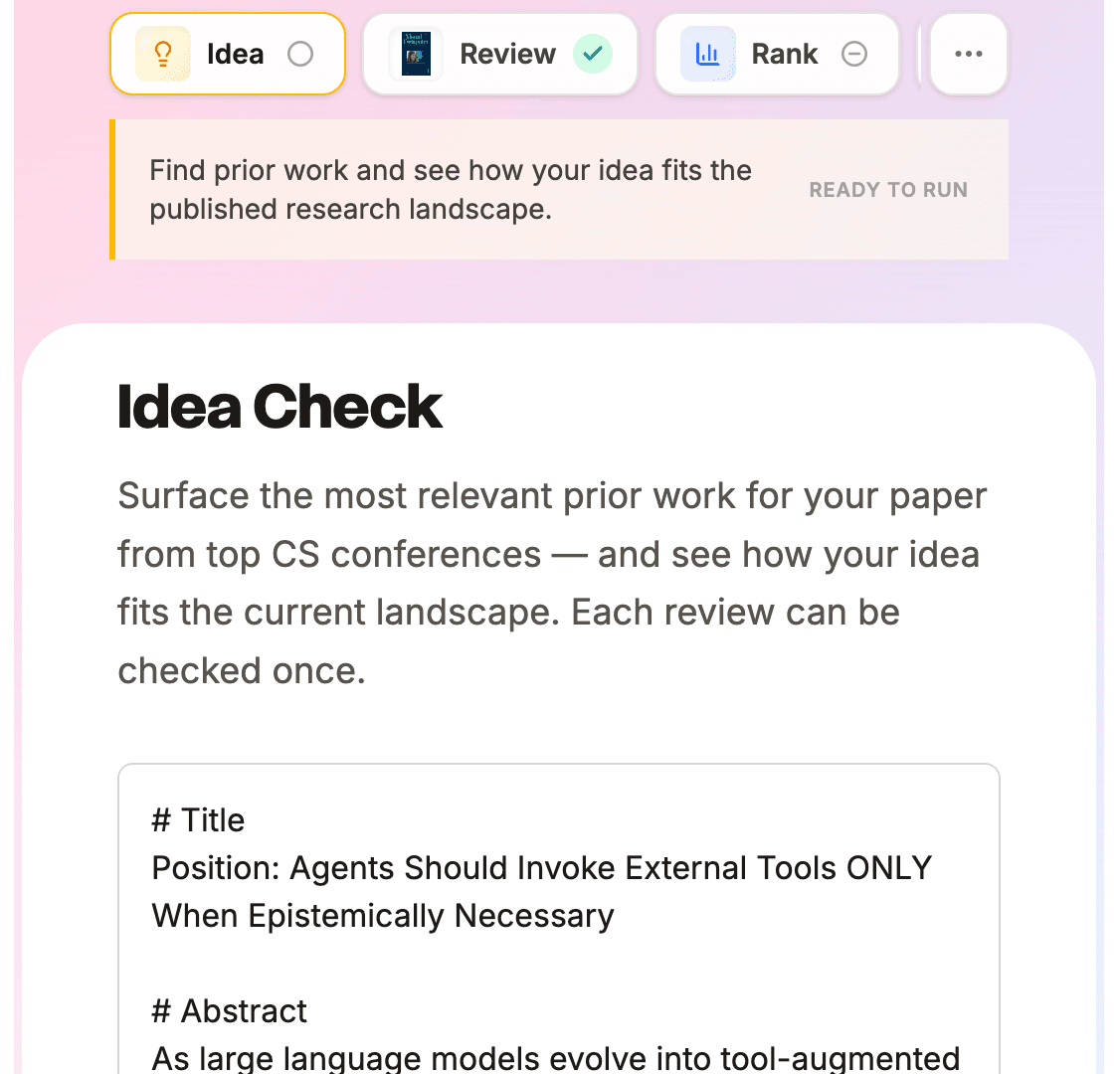 The Idea tab inside a completed review, with a 'Find prior work' banner marked ready to run and the reviewed paper's content prefilled