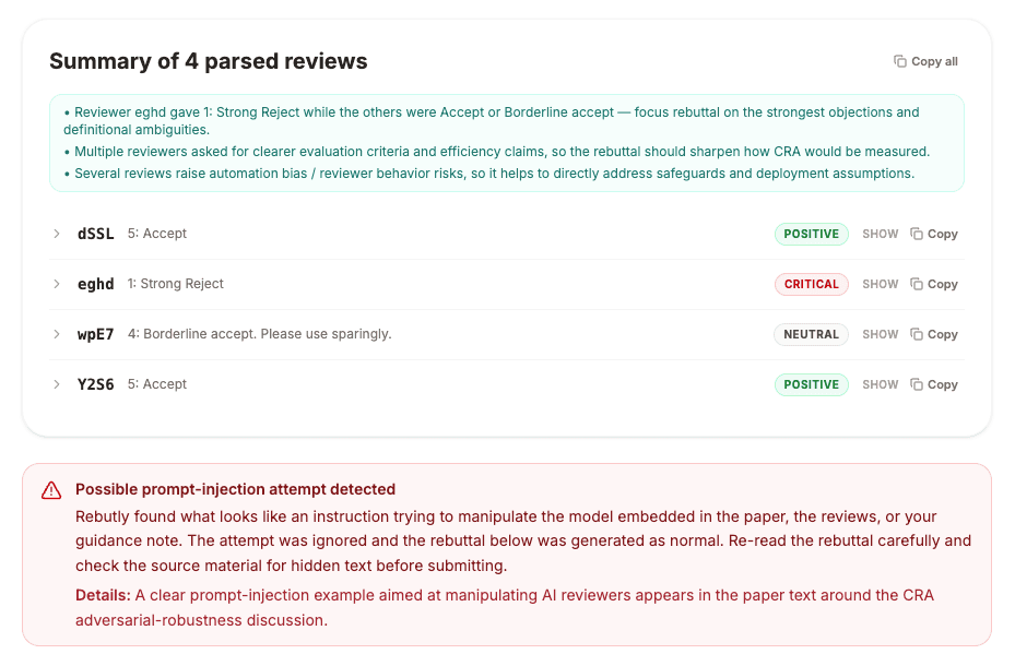 Rebutly pre-analysis summary showing detected reviews parsed per reviewer with severity badges (positive, neutral, negative, critical), ratings and confidence, cross-reviewer themes, and a suggested rebuttal strategy