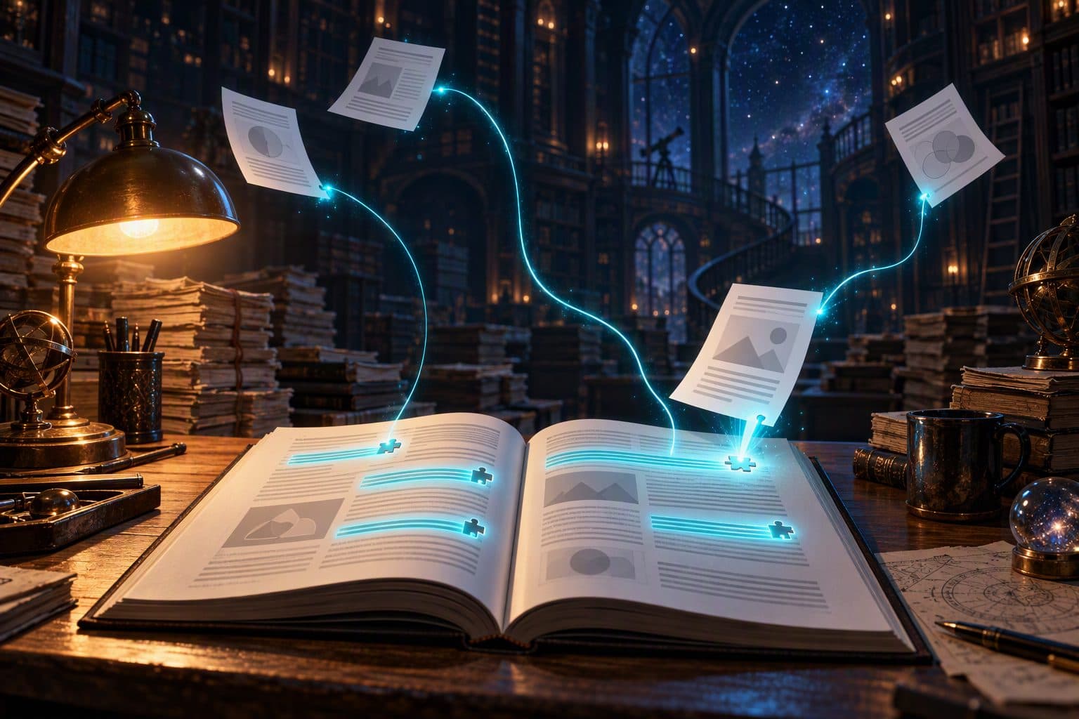 An open research paper on a desk at night, with glowing threads linking its highlighted lines to the papers that support them