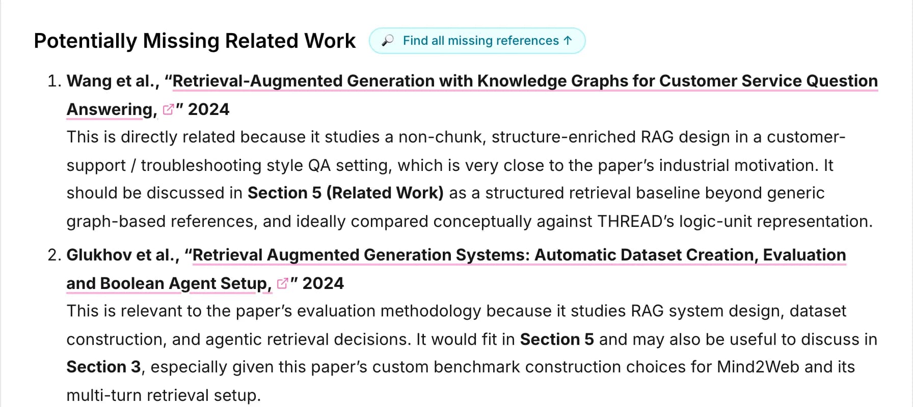 The Potentially Missing Related Work section of a CSPaper review, with a Find all missing references button next to its heading