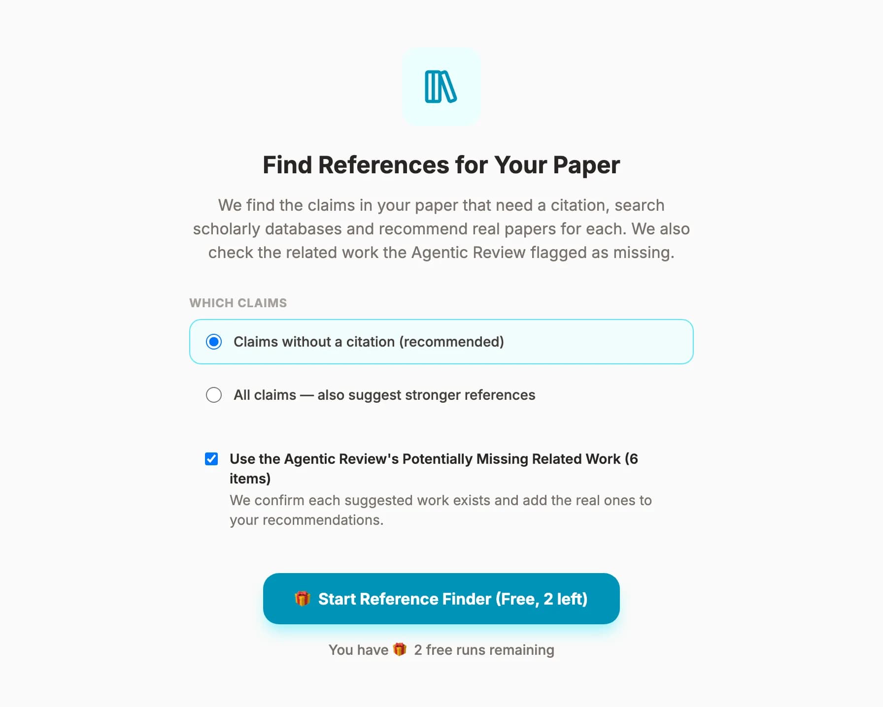 The Reference Finder start form with a choice between claims without a citation and all claims, a checkbox to use the review's suggestions, and a Start button