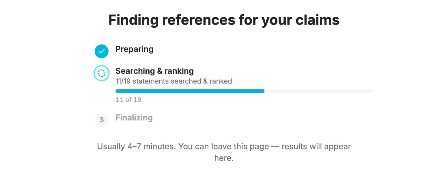 Reference Finder progress: preparing done, searching and ranking 11 of 19 claims, finalizing to come