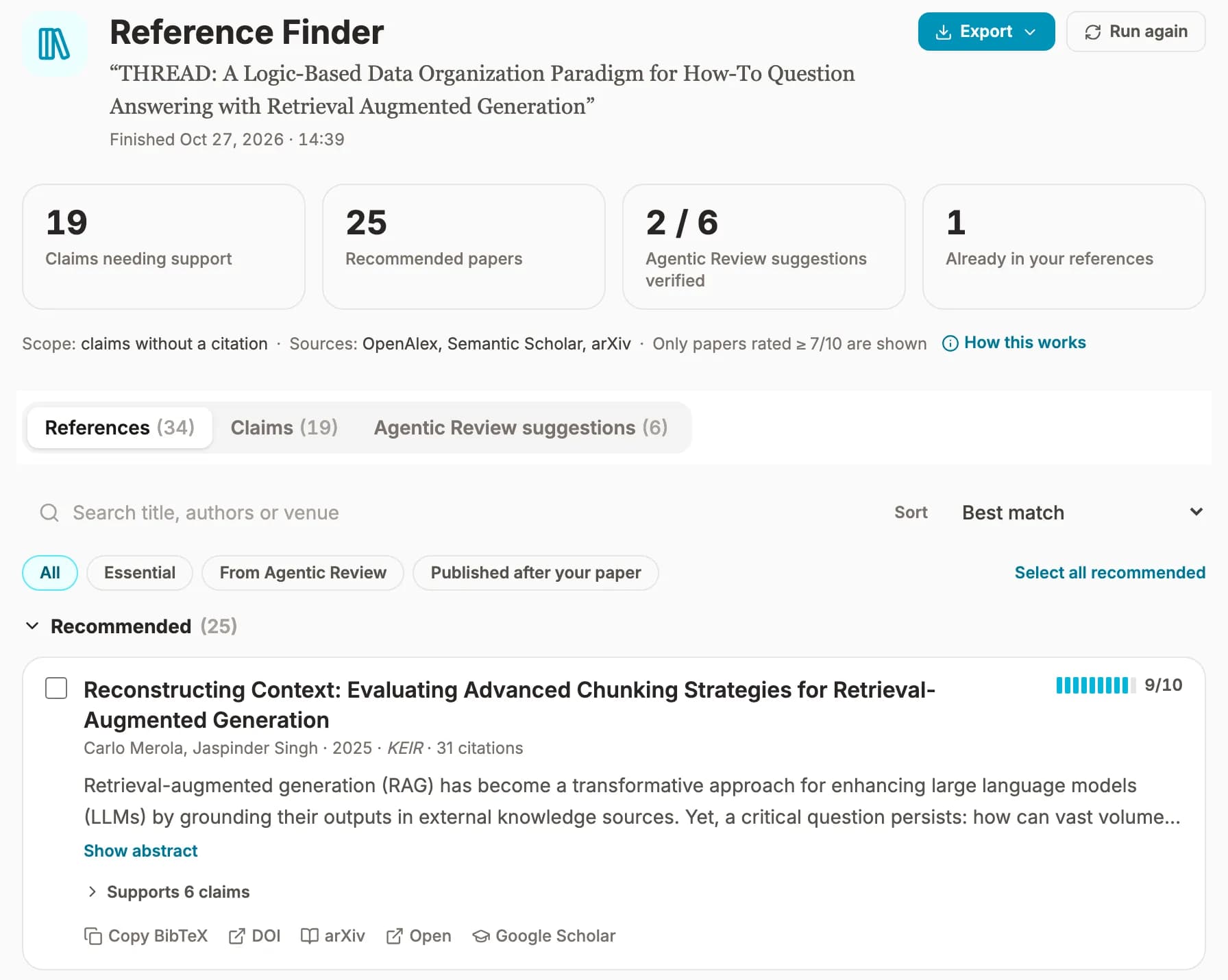 Reference Finder results: 19 claims needing support, 25 recommended papers, 2 of 6 review suggestions verified, 1 already in your references, and a list of recommended papers with relevance scores