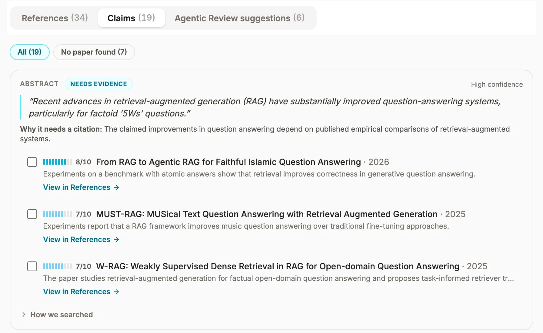 The Claims view: a sentence quoted from the paper's abstract, why it needs a citation, and three supporting papers rated 8 and 7 out of 10 with one-line reasons