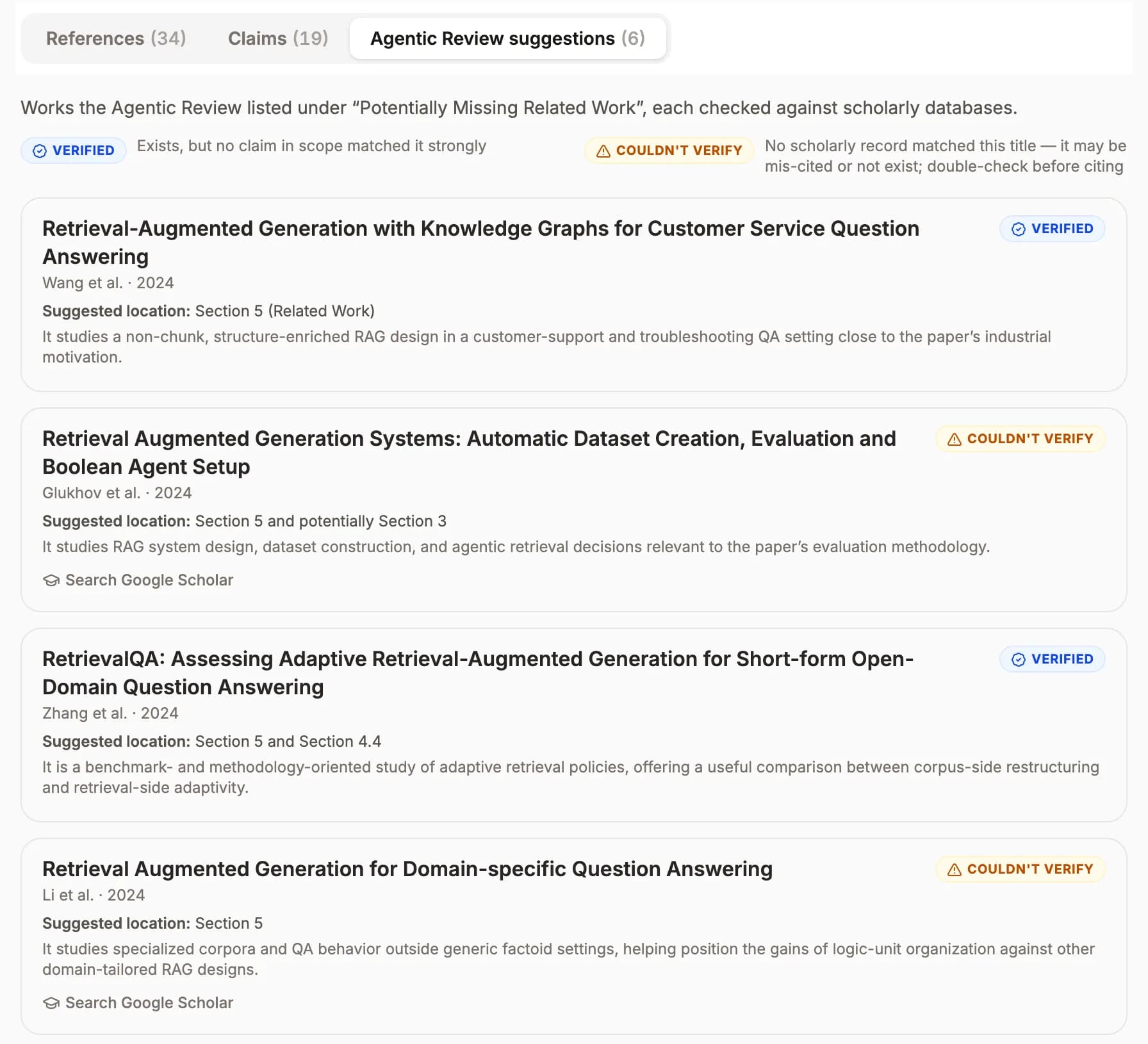 The Agentic Review suggestions view: two suggested works marked verified and others marked could not verify