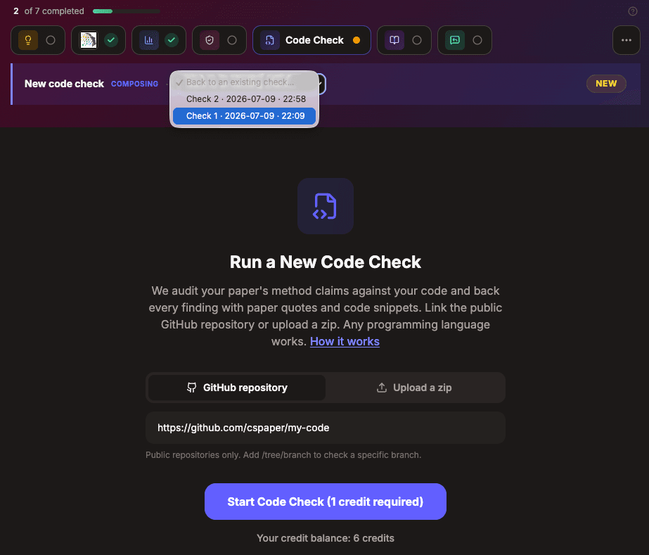 The Code Check start form on a review page: a toggle between GitHub repository and zip upload, a repository URL field, a Start Code Check button, and the run picker above listing two earlier dated checks