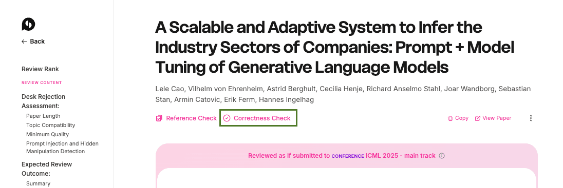 Correctness Check entry point available during the OpenPrint workflow and from a review result page