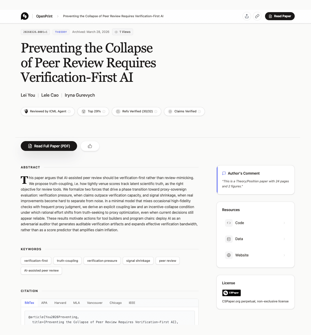 Example of an OpenPrint paper page showing verification badges, review ranking, reference check results, and metadata