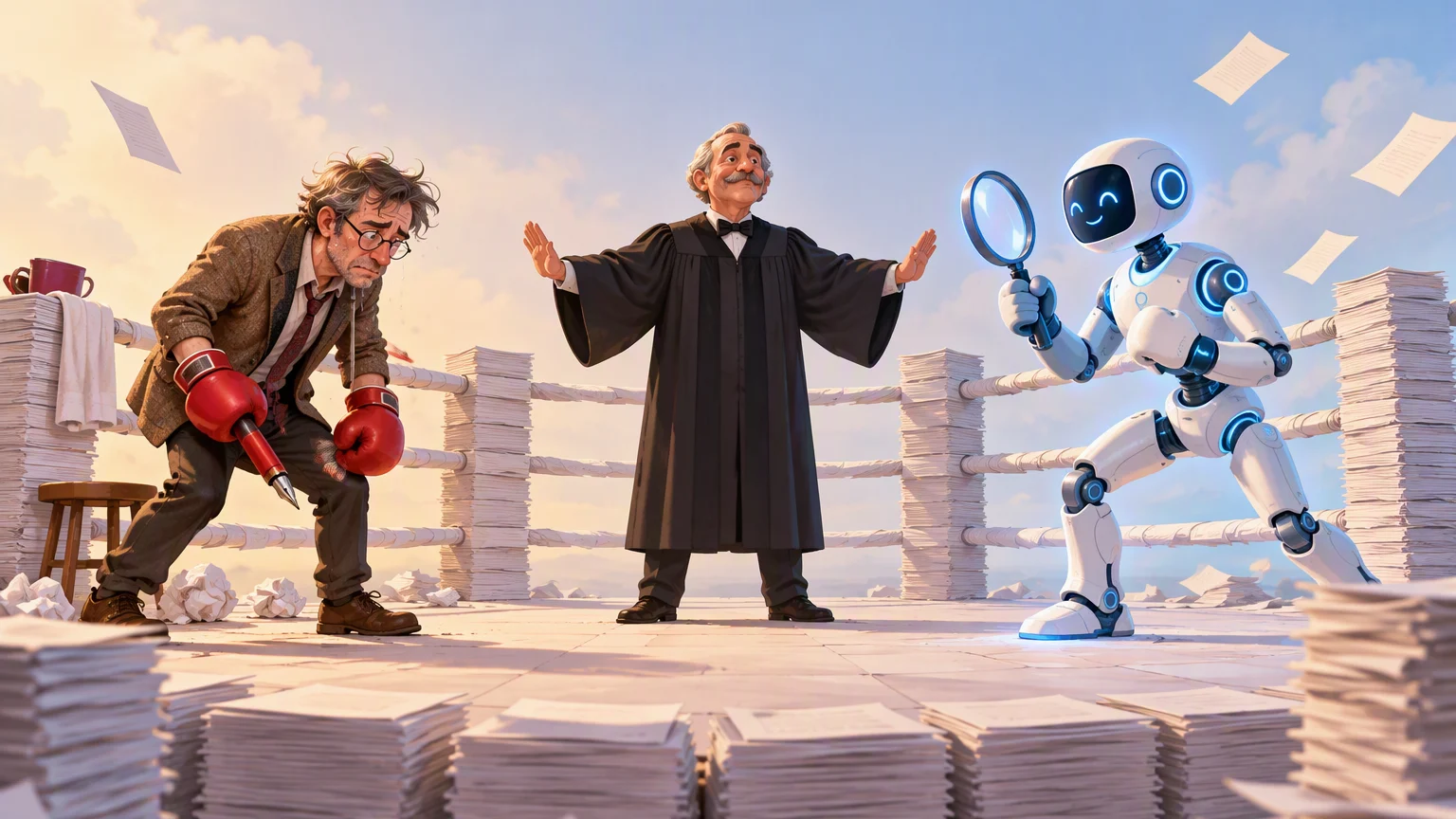 Illustration of a boxing ring built from stacks of paper manuscripts. On the left, a weary, rumpled professor in a tweed jacket leans on his knees, wearing red boxing gloves with a fountain pen strapped to one of them. In the center, a judge in a black robe holds both arms out as referee. On the right, a cheerful white robot with glowing blue joints studies the scene through a magnifying glass. Loose pages drift through the air.